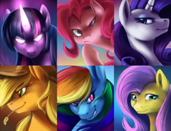 Size: 3374x2571 | Tagged: safe, artist:oblivionheart13, derpibooru import, applejack, fluttershy, pinkie pie, rainbow dash, rarity, twilight sparkle, twilight sparkle (alicorn), alicorn, earth pony, pegasus, pony, unicorn, bust, female, glowing eyes, glowing horn, grin, magic, mane six, mare, portrait, smiling, straw