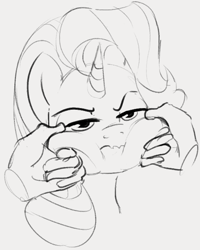 Size: 486x606 | Tagged: safe, artist:dotkwa, starlight glimmer, human, pony, unicorn, annoyed, cheek pinch, cheek squish, chipmunk cheeks, female, hand, looking at you, mare, monochrome, solo, squishy cheeks, starlight is not amused, unamused