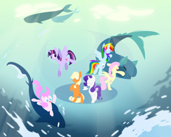 Size: 2000x1600 | Tagged: safe, artist:boardofwordplay, derpibooru import, applejack, fluttershy, pinkie pie, rainbow dash, rarity, twilight sparkle, twilight sparkle (alicorn), alicorn, earth pony, fish, pegasus, pony, unicorn, female, mane six, mare, underwater