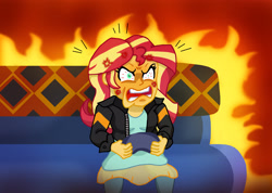 Size: 4208x3000 | Tagged: safe, artist:edcom02, sunset shimmer, better together, equestria girls, game stream, angry, cross-popping veins, fiery shimmer, gamer sunset, psycho gamer sunset, rage, sunset shimmer frustrated at game