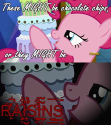 Size: 853x960 | Tagged: safe, pinkie pie, earth pony, pony, castle sweet castle, cake, creepypasta, grimderp, image macro, meme, pure unfiltered evil, scan lines, seven-layer what's-that-flavour mystery surprise, the worst possible thing, you monster, zalgo