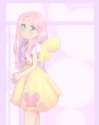 Size: 1500x1900 | Tagged: safe, artist:terrterr, fluttershy, human, blushing, clothes, cute, dress, female, hair accessory, humanized, shyabetes, solo, winged humanization