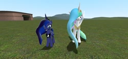 Size: 1280x600 | Tagged: safe, artist:ouranoscaelus, princess celestia, princess luna, alicorn, pony, 3d, gmod, smiling