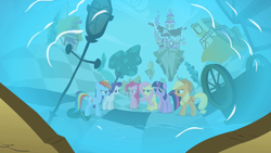 Size: 640x360 | Tagged: safe, derpibooru import, screencap, applejack, fluttershy, pinkie pie, rainbow dash, rarity, twilight sparkle, earth pony, pegasus, pony, unicorn, the return of harmony, chaos, female, mane six, mare, ponyville, race swap, sugarcube corner, wingless