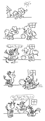 Size: 897x2400 | Tagged: safe, artist:limeylassen, pinkie pie, changeling, earth pony, pony, comic, monochrome