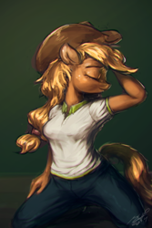 Size: 600x900 | Tagged: safe, artist:assasinmonkey, applejack, anthro, unguligrade anthro, eyes closed, pose, solo