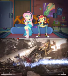 Size: 844x947 | Tagged: safe, edit, screencap, fluttershy, sunset shimmer, better together, equestria girls, game stream, controller, converse, gamer sunset, gamershy, meme, mortal kombat, mortal kombat x, scorpion (mortal kombat), shoes, sneakers, sub-zero, sunset gamer, sunset shimmer frustrated at game, sunset's apartment, video game