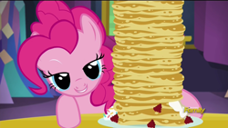 Size: 1920x1080 | Tagged: safe, screencap, pinkie pie, earth pony, pony, castle sweet castle, animation error, lidded eyes, pancakes, solo