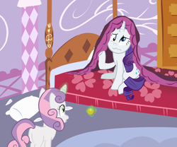 Size: 3000x2500 | Tagged: safe, artist:yinglongfujun, rarity, sweetie belle, pony, unicorn, bed, carousel boutique, derp, doorknob, fanfic art, messy, pillow, sisterly love, waking up