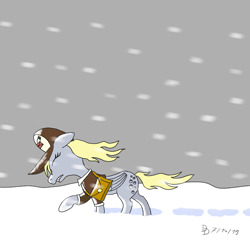 Size: 1920x1869 | Tagged: safe, artist:darkdabula, derpy hooves, pegasus, pony, alone, atg 2019, cap, clothes, eyes closed, female, folded wings, gritted teeth, hat, jacket, mailbag, mailmare, mare, newbie artist training grounds, snow, snow storm, snowfall, solo, storm, wind, windswept mane, wings