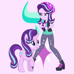 Size: 1280x1280 | Tagged: safe, artist:media1997, starlight glimmer, pony, unicorn, equestria girls, mirror magic, spoiler:eqg specials, beanie, cutie mark background, duality, duo, female, hat, human ponidox, lidded eyes, looking at each other, mare, raised leg, self ponidox, smiling