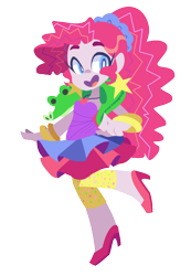Size: 610x883 | Tagged: safe, artist:looji, gummy, pinkie pie, equestria girls, friendship through the ages, rainbow rocks, heart mouth, high heels, new wave pinkie, plushie, simple background, sleeveless, solo, strapless, transparent background