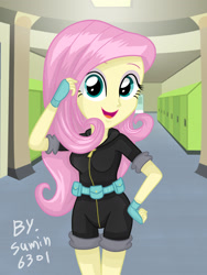 Size: 1800x2400 | Tagged: safe, artist:sumin6301, fluttershy, equestria girls, adorasexy, clothes, cute, dangerous mission outfit, equestria girls-ified, female, fingerless gloves, gloves, looking at you, sexy, shyabetes, smiling, solo