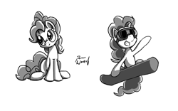 Size: 1024x638 | Tagged: safe, artist:mindofnoodles, pinkie pie, earth pony, pony, goggles, monochrome, snowboard, solo