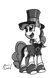 Size: 1024x1545 | Tagged: safe, artist:mindofnoodles, pinkie pie, earth pony, pony, clothes, hat, monochrome, solo, top hat