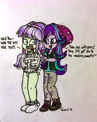 Size: 2301x2906 | Tagged: safe, artist:michaelmaddox222, starlight, starlight glimmer, equestria girls, beanie, bondage, booties, clothes, colored, female, hat, namesake, pants, pencil drawing, scared, shoes, signature, straitjacket, traditional art