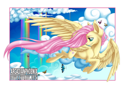 Size: 1024x726 | Tagged: safe, artist:arcadianphoenix, fluttershy, butterfly, pegasus, pony, cloud, cloudy, flying, rainbow, solo