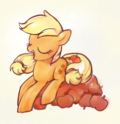 Size: 1024x1054 | Tagged: safe, artist:uher0, applejack, earth pony, pony, apple, cute, eyes closed, hatless, jackabetes, missing accessory, open mouth, solo, that pony sure does love apples