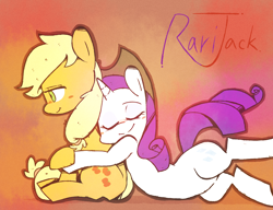 Size: 1250x960 | Tagged: safe, artist:gmrqor, applejack, rarity, earth pony, pony, unicorn, accessory swap, cuddling, cute, female, hug, hug from behind, lesbian, rarijack, shipping, snuggling