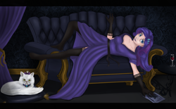 Size: 2556x1585 | Tagged: safe, artist:dezdark, opalescence, rarity, human, clothes, humanized, missing shoes, sofa, solo, stockings