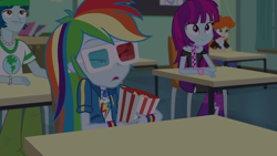 Size: 1920x1080 | Tagged: safe, derpibooru import, screencap, captain planet, golden hazel, mystery mint, rainbow dash, better together, equestria girls, the last day of school, 3d glasses, background human, food, geode of super speed, magical geodes, popcorn