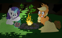 Size: 894x549 | Tagged: safe, artist:anime-apothecary, artist:dfectivedvice, applejack, rarity, earth pony, pony, unicorn, campfire, colored