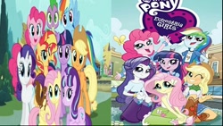 Size: 960x540 | Tagged: safe, applejack, fluttershy, pinkie pie, rainbow dash, rarity, spike, starlight glimmer, sunset shimmer, twilight sparkle, twilight sparkle (alicorn), alicorn, equestria girls, comparison, humane five, humane six, mane seven, mane six, wrong aspect ratio