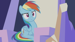 Size: 1366x768 | Tagged: safe, derpibooru import, screencap, rainbow dash, pegasus, pony, the lost treasure of griffonstone, female, frown, lying, mare, prone, reaction, reaction image, solo, throne, throne room, twilight's castle, unamused