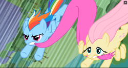 Size: 1366x724 | Tagged: safe, derpibooru import, screencap, fluttershy, rainbow dash, pegasus, pony, secret of my excess, cape, clothes, flying