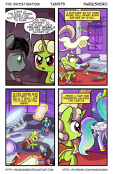 Size: 1280x1978 | Tagged: safe, artist:tan575, artist:wadusher0, princess celestia, oc, oc:greenvine, oc:moonshroud, alicorn, badger, bird, pony, rabbit, squirrel, unicorn, comic:the investigation, cloak, clothes, comic, flashback, grand galloping gala, magic, prison, statue, table, telekinesis