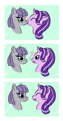 Size: 2101x4000 | Tagged: safe, artist:datura-brugmansia, maud pie, starlight glimmer, earth pony, pony, unicorn, blushing, female, kissing, lesbian, looking at each other, shipping, starmaud