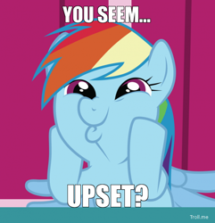 Size: 558x580 | Tagged: safe, derpibooru import, edit, edited screencap, screencap, rainbow dash, pegasus, pony, applebuck season, caption, cropped, cute, dashabetes, dashface, funny face, image macro, meme, solo, text, you seem upset