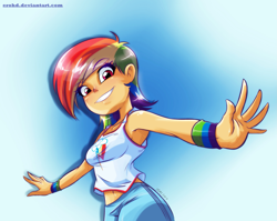 Size: 2473x1964 | Tagged: safe, artist:erohd, derpibooru import, rainbow dash, human, armpits, belly button, clothes, female, grin, humanized, midriff, smiling, solo, speedpaint, tanktop