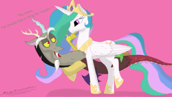 Size: 4413x2481 | Tagged: safe, artist:megaanimationfan, discord, princess celestia, alicorn, pony, absurd resolution, dislestia, female, flirting, floating, male, shipping, signature, straight, text