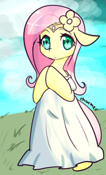 Size: 1162x1920 | Tagged: safe, artist:acharmingpony, fluttershy, pegasus, pony, bipedal, clothes, cute, dress, floppy ears, flower in hair, looking at you, shyabetes, solo, tiara