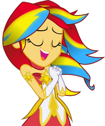 Size: 1197x1440 | Tagged: safe, artist:kimberlythehedgie, sunset shimmer, equestria girls, armlet, bare shoulders, clothes, eyes closed, female, gloves, league of legends, rainbow power, rainbow power-ified, simple background, sleeveless, solo, soraka, star guardian, strapless, transparent background, vector