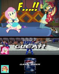 Size: 640x795 | Tagged: safe, edit, edited screencap, screencap, fluttershy, sunset shimmer, better together, equestria girls, game stream, angry, converse, meme, pepsi, pepsiman, playstation, shoes, sneakers, soda, sunset shimmer frustrated at game, versus