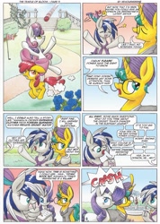 Size: 3495x4895 | Tagged: safe, artist:xeviousgreenii, apple bloom, rarity, sweetie belle, oc, oc:lucky stellar, oc:zircon glaze, pony, unicorn, comic:the temple of bloom, comic, cricket (sport), cutie mark, the cmc's cutie marks, wing hands