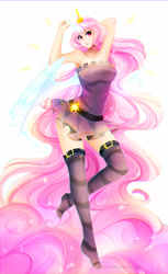 Size: 2222x3622 | Tagged: safe, artist:koveliana, princess celestia, human, armpits, chromatic aberration, clothes, color porn, dress, horned humanization, humanized, pink hair, pink-mane celestia, solo, stockings, tailed humanization, winged humanization