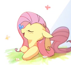 Size: 436x400 | Tagged: safe, artist:youhoujou, fluttershy, butterfly, pegasus, pony, eyes closed, female, flower, mare, solo