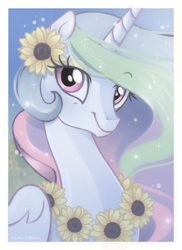 Size: 772x1063 | Tagged: safe, artist:lugiaangel, princess celestia, alicorn, pony, bust, flower, flower in hair, portrait, smiling, solo, sunflower