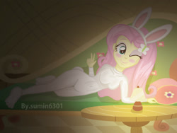 Size: 2000x1500 | Tagged: safe, artist:sumin6301, fluttershy, equestria girls, bodysuit, bunny costume, bunny ears, clothes, solo, wink