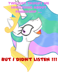 Size: 1085x1350 | Tagged: safe, artist:cuddlelamb, princess celestia, alicorn, pony, exploitable meme, i didn't listen, image macro, meme, solo