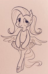 Size: 2106x3194 | Tagged: safe, artist:glacierclear, fluttershy, pegasus, pony, alternate hairstyle, ballerina, bipedal, clothes, monochrome, ponytail, solo, traditional art, tutu