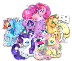 Size: 1000x850 | Tagged: safe, artist:renciel, derpibooru import, applejack, fluttershy, pinkie pie, rainbow dash, rarity, twilight sparkle, twilight sparkle (alicorn), alicorn, earth pony, pegasus, pony, unicorn, female, mane six, mare, simple background, smiling, transparent background, watermark