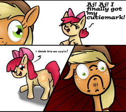 Size: 2400x2131 | Tagged: safe, artist:smilingm00n, apple bloom, applejack, earth pony, pony, blasphemy, catasterism, comic, cutie mark, dishonorapple, floppy ears, frown, happy, implied princess celestia, open mouth, smiling, wide eyes