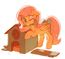 Size: 746x680 | Tagged: safe, artist:mewball, fluttershy, pegasus, pony, bandage, dog house, hammer, mouth hold, solo, tail bow, wink