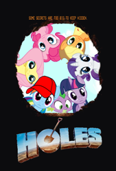 Size: 1013x1500 | Tagged: safe, derpibooru import, applejack, fluttershy, pinkie pie, rainbow dash, rarity, spike, twilight sparkle, dragon, earth pony, pegasus, pony, unicorn, holes, mane six, movie poster, parody