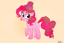 Size: 1280x853 | Tagged: safe, artist:gmrqor, pinkie pie, earth pony, pony, hidden confetti cannon, raised hoof, solo, tongue out