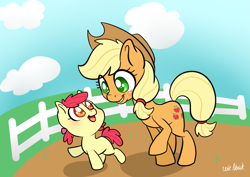 Size: 1021x722 | Tagged: safe, artist:lexieskye, apple bloom, applejack, earth pony, pony, blonde hair, female, filly, mare, orange coat, red mane, sisters